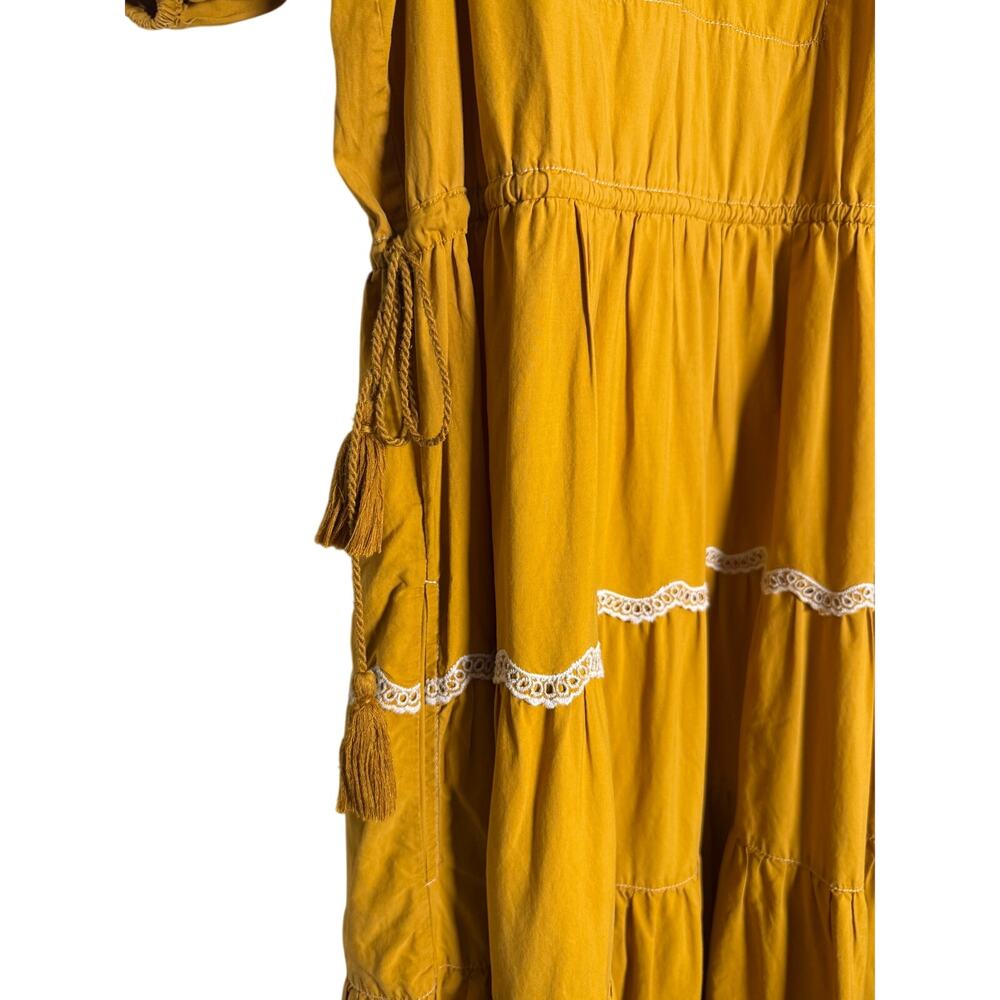 Ulla Johnson Claribel Ochre Yellow Gold Tiered Eyelet Accent Tassel Dress Sz. 6 - Picture 5 of 10